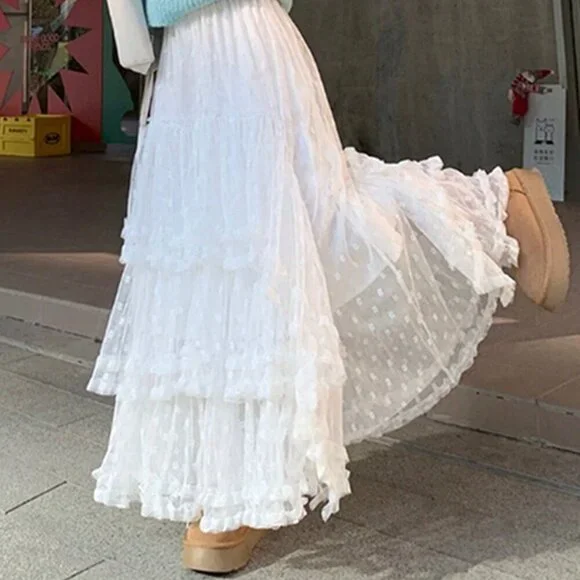 White Casual Women's French Style Lace Flare Ruffle Skirt - Picture 4 of 4